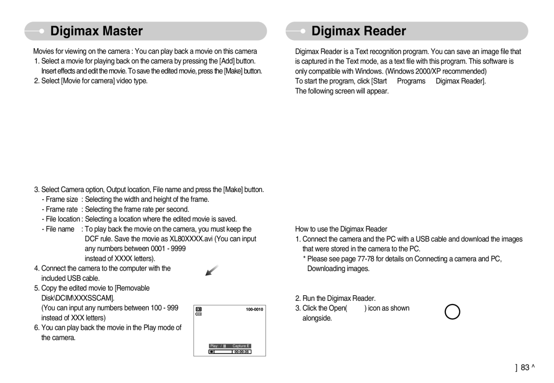 Samsung EC-L80ZZBBA/FR, EC-L80ZZBBA/GB, EC-L80ZZBBB/GB, EC-L80ZZBBA/DE, EC-L80ZZBAB, EC-L80ZZBAA manual Digimax Reader 