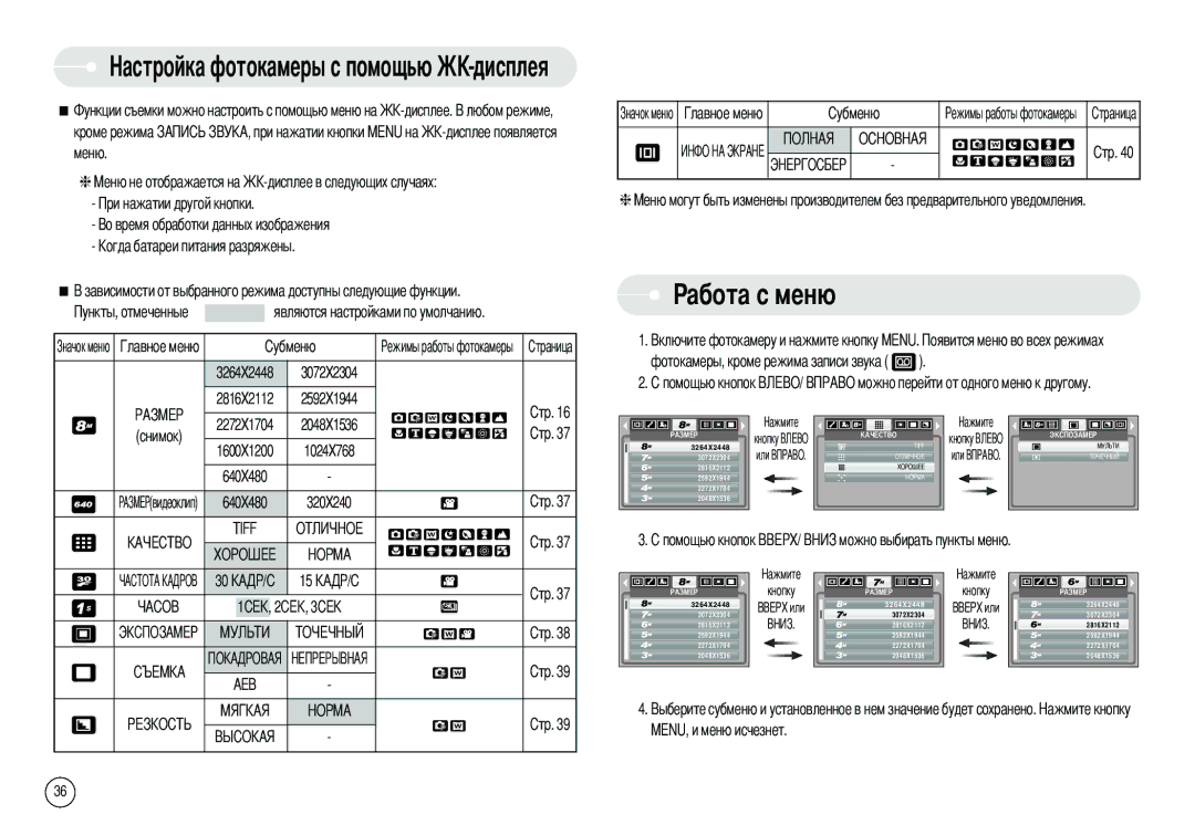 Samsung EC-L80ZZBBA/GB, EC-L80ZZBBA/FR manual Абота с меню, Кроме режима Меню, Снимок, Фотокамеры, кроме режима записи звука 