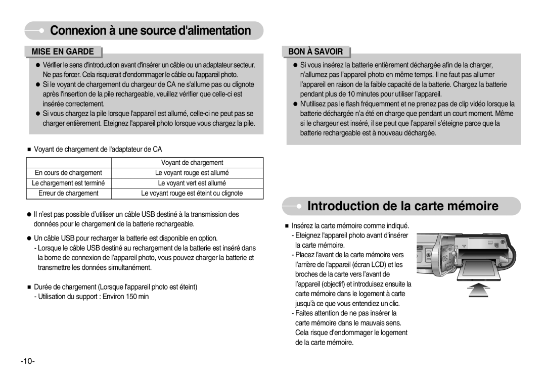 Samsung EC-L80ZZBBA/FR manual Introduction de la carte mémoire, Connexion à une source dalimentation 