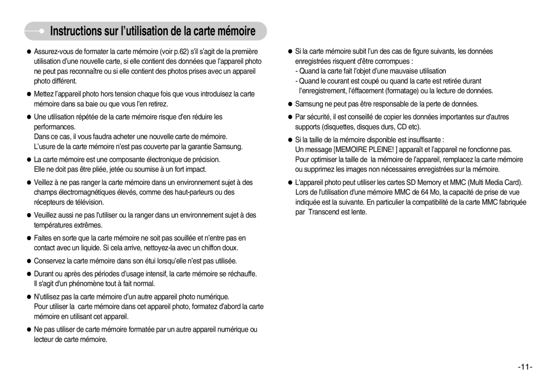 Samsung EC-L80ZZBBA/FR manual Instructions sur l’utilisation de la carte mémoire 