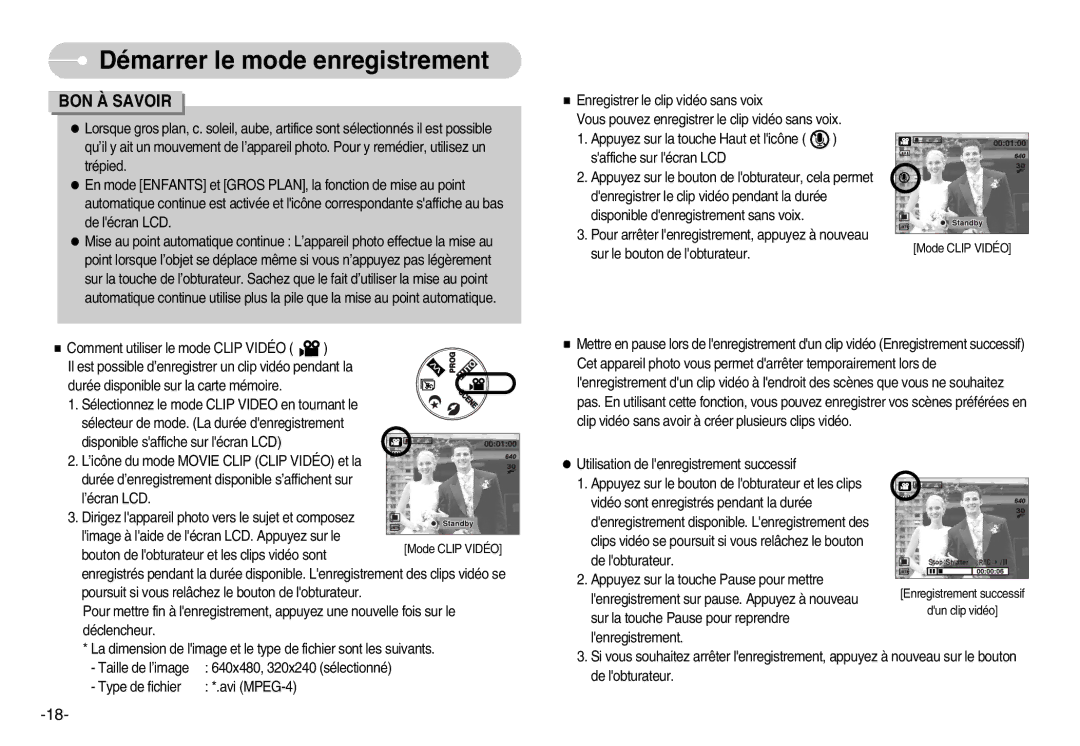 Samsung EC-L80ZZBBA/FR manual Mode Clip Vidéo 