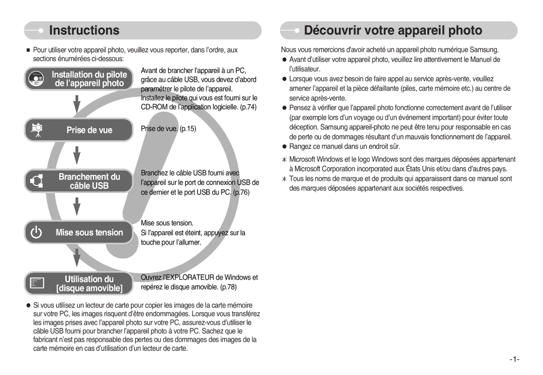 Samsung EC-L80ZZBBA/FR manual Instructions, Découvrir votre appareil photo 