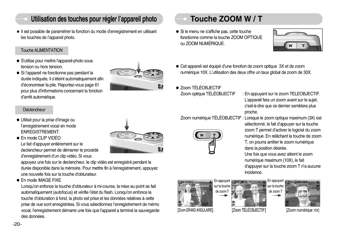 Samsung EC-L80ZZBBA/FR manual Touche Zoom W / T, Enregistrement 