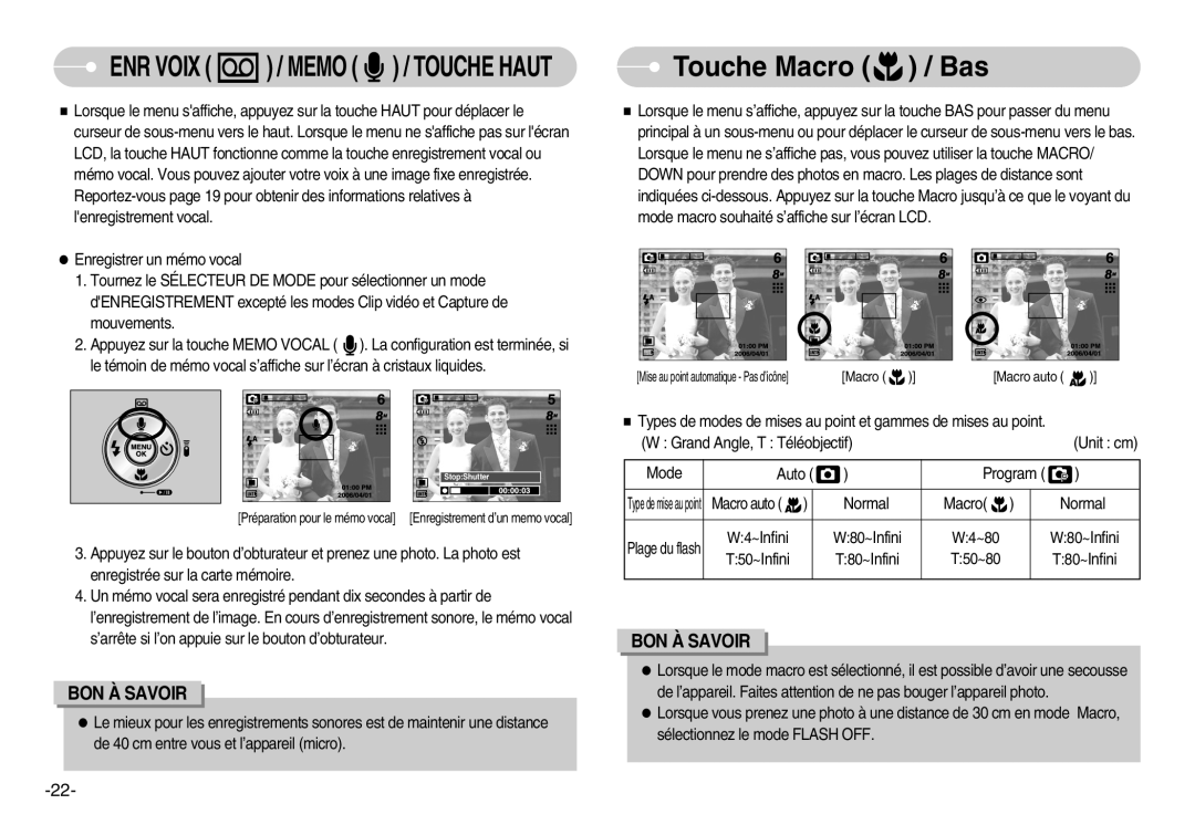 Samsung EC-L80ZZBBA/FR manual Touche Macro / Bas, ENR Voix / Memo / Touche Haut 