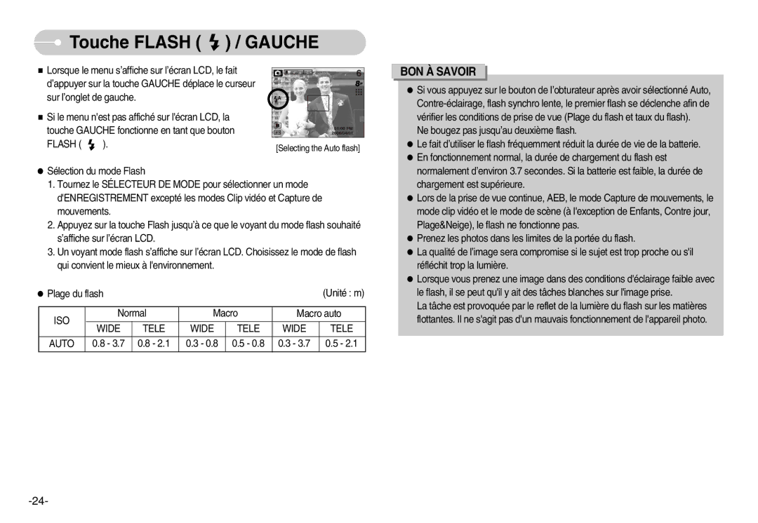 Samsung EC-L80ZZBBA/FR manual Touche Flash / Gauche, Iso, Wide Tele Auto 