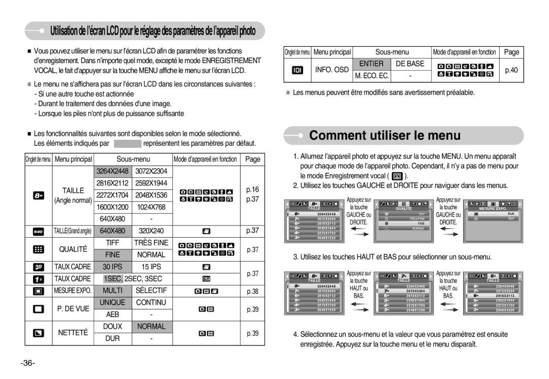 Samsung EC-L80ZZBBA/FR manual Comment utiliser le menu 