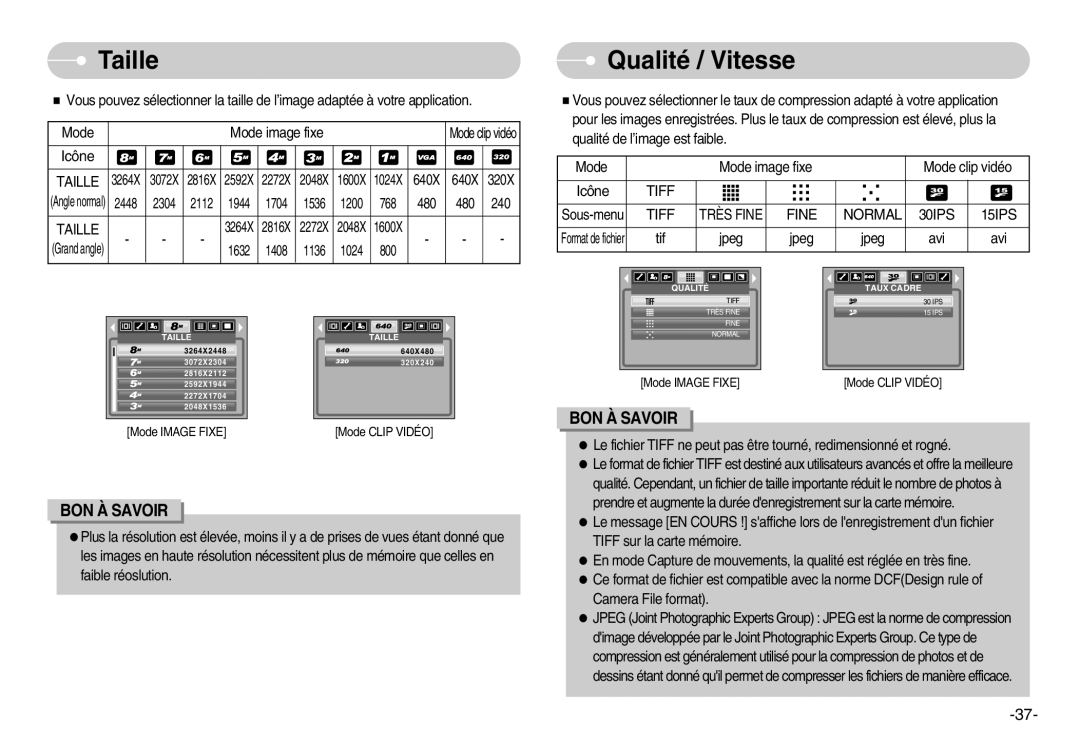 Samsung EC-L80ZZBBA/FR manual Taille, Qualité / Vitesse, Tiff, Fine Normal 30IPS 