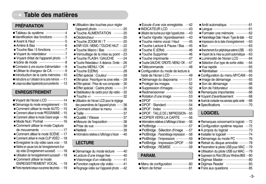 Samsung EC-L80ZZBBA/FR manual Table des matières, Enregistrement Vocal, Indicateur LCD, Dpof, Copier Vers LA Carte 