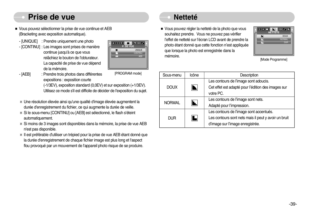 Samsung EC-L80ZZBBA/FR manual Prise de vue, Netteté 