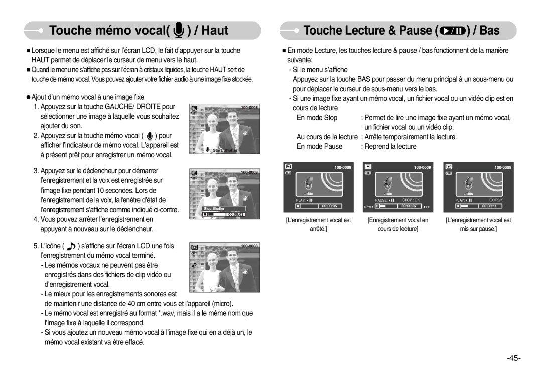 Samsung EC-L80ZZBBA/FR manual Touche mémo vocal / Haut, Touche Lecture & Pause / Bas 