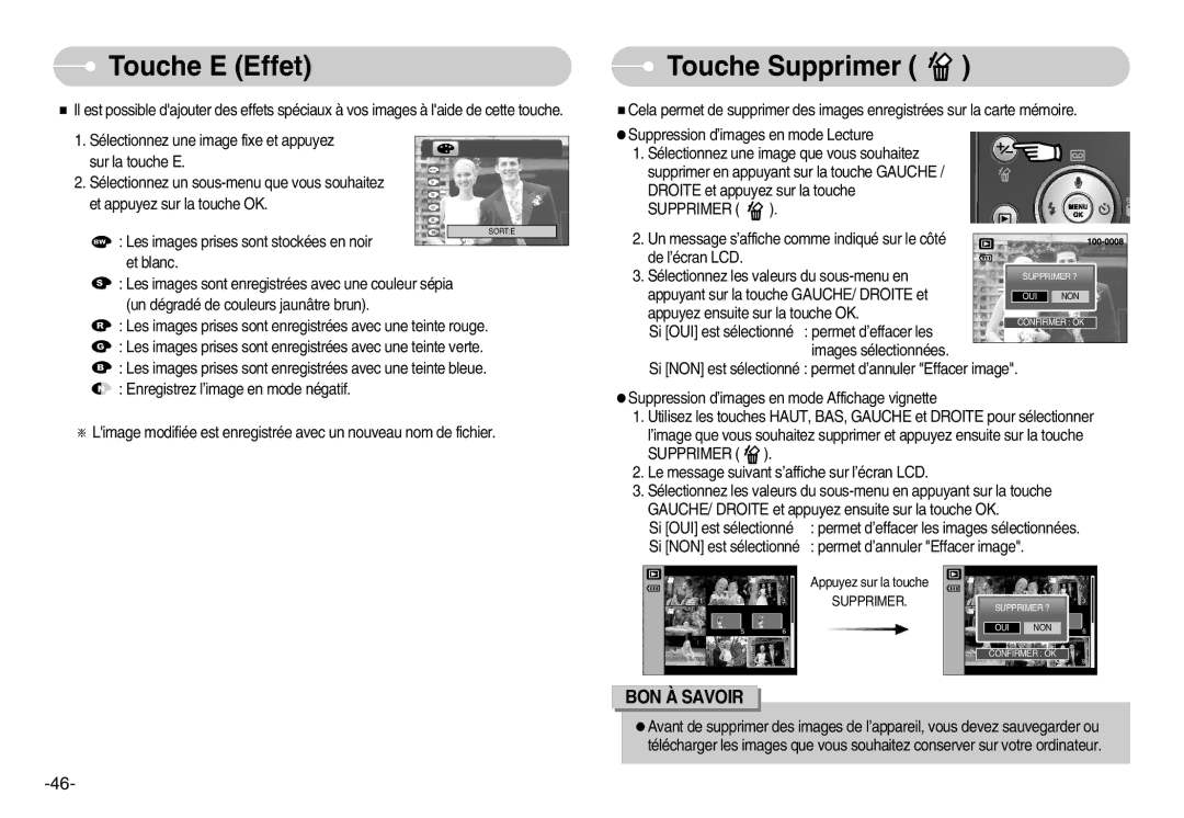 Samsung EC-L80ZZBBA/FR manual Touche E Effet, Touche Supprimer 