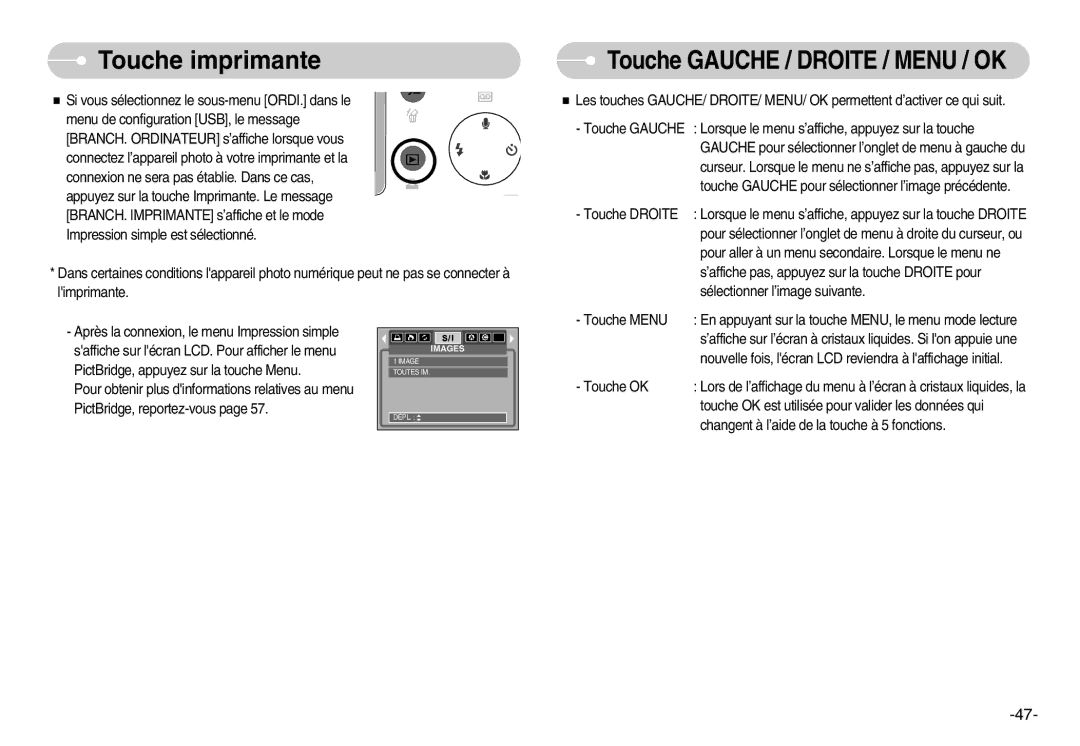 Samsung EC-L80ZZBBA/FR manual Touche imprimante, Touche Gauche / Droite / Menu / OK 