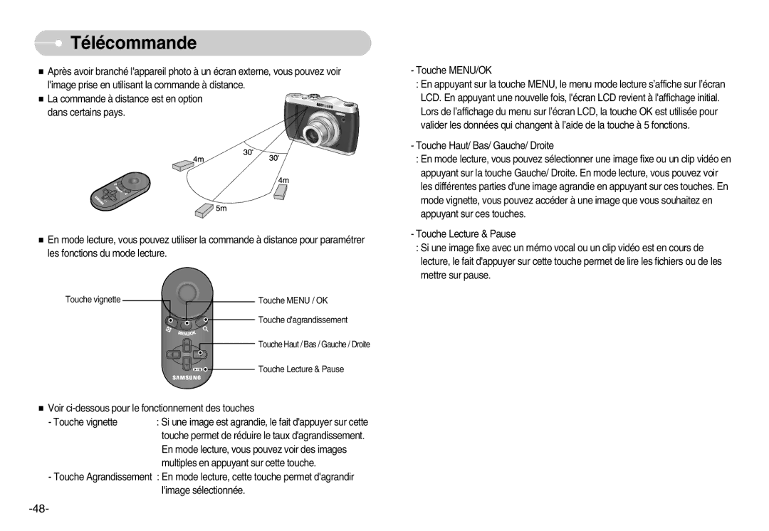 Samsung EC-L80ZZBBA/FR manual Télécommande 