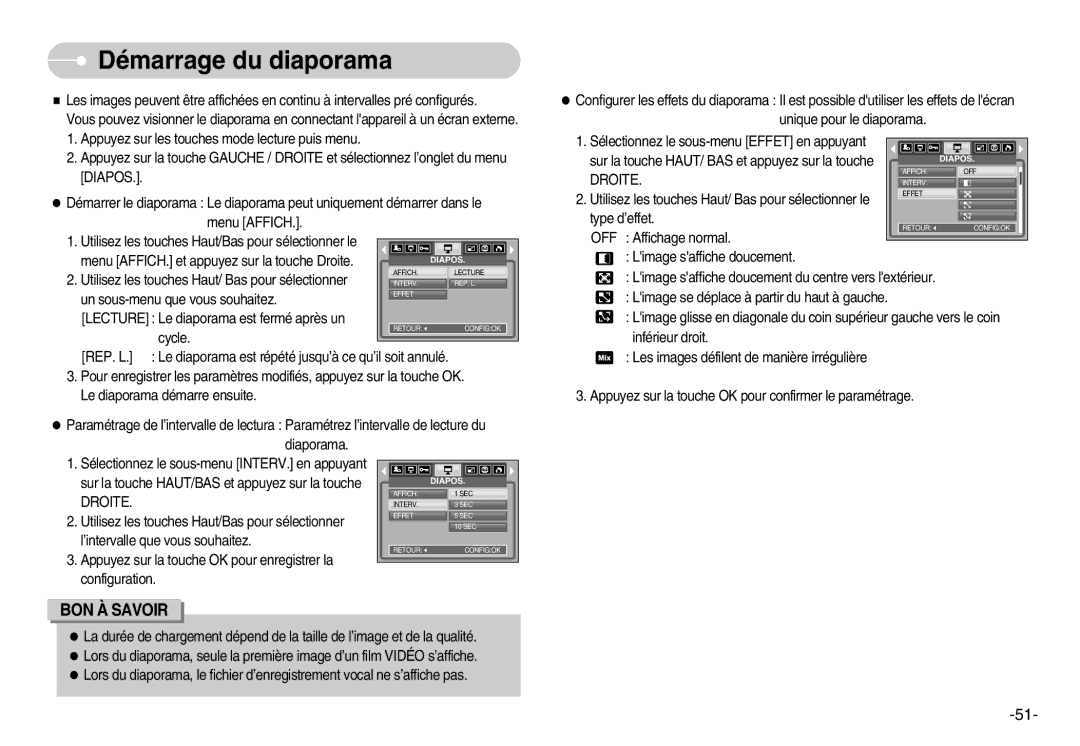 Samsung EC-L80ZZBBA/FR manual Démarrage du diaporama, Droite 