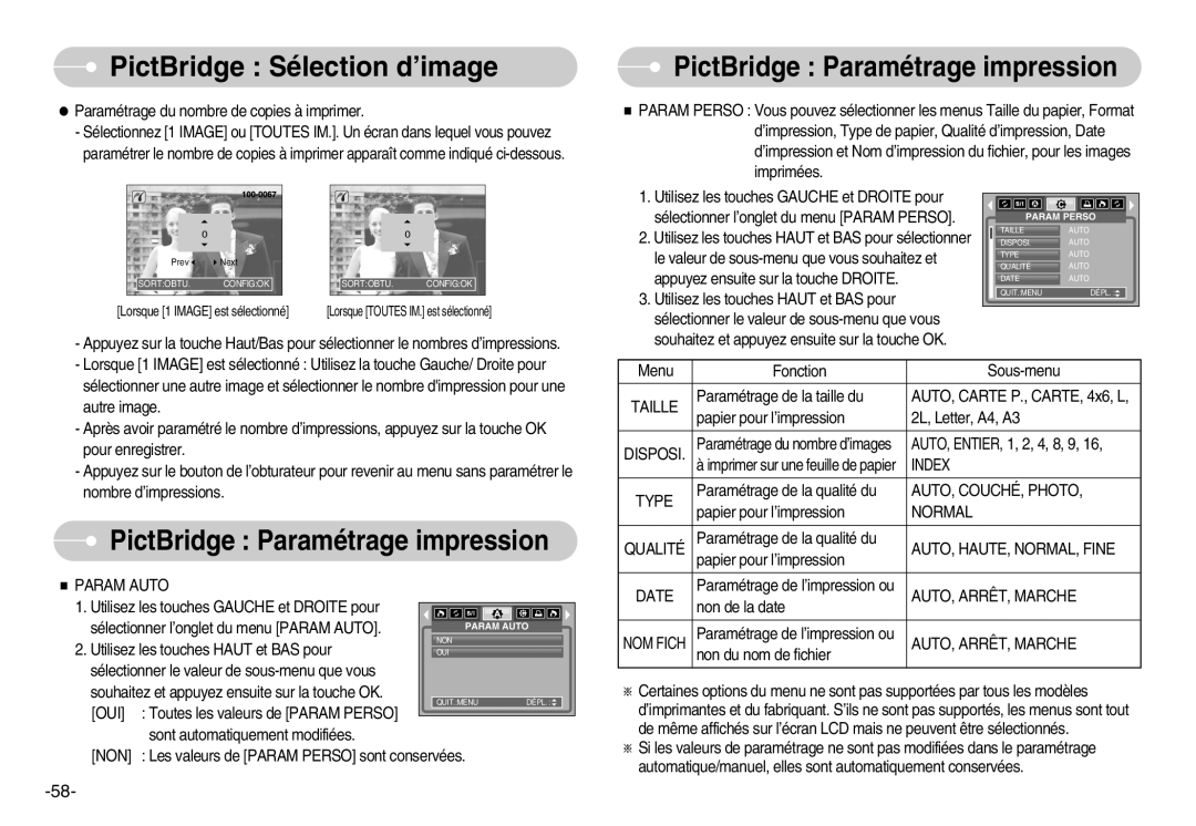 Samsung EC-L80ZZBBA/FR manual Param Auto, AUTO, COUCHÉ, Photo, AUTO, HAUTE, NORMAL, Fine, AUTO, ARRÊT, Marche 