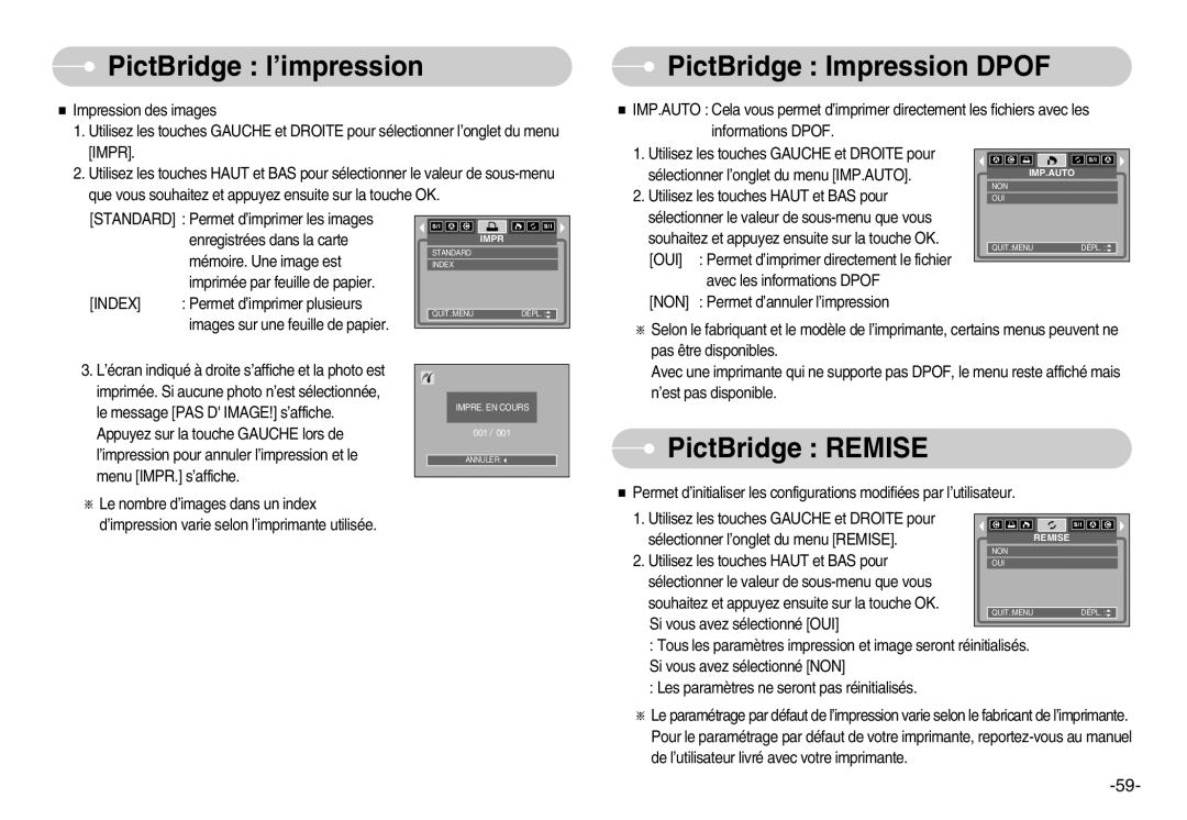 Samsung EC-L80ZZBBA/FR manual PictBridge l’impression, PictBridge Impression Dpof, PictBridge Remise 