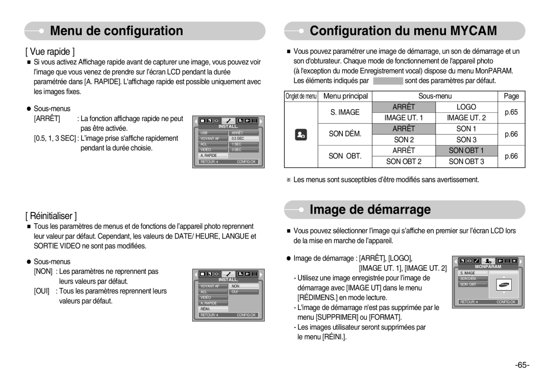 Samsung EC-L80ZZBBA/FR manual Configuration du menu Mycam, Image de démarrage, Arrêt Logo Image Image UT SON DÉM SON OBT 