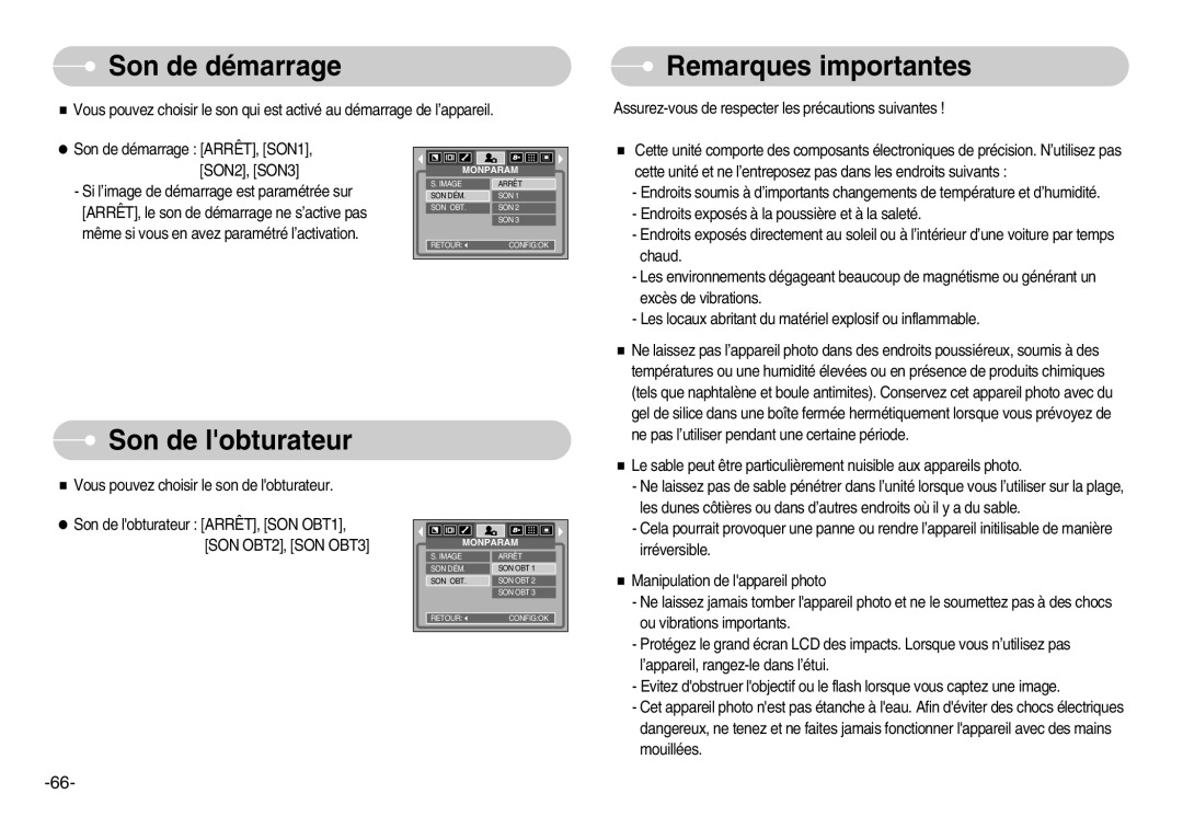 Samsung EC-L80ZZBBA/FR manual Son de démarrage, Remarques importantes, Son de lobturateur 