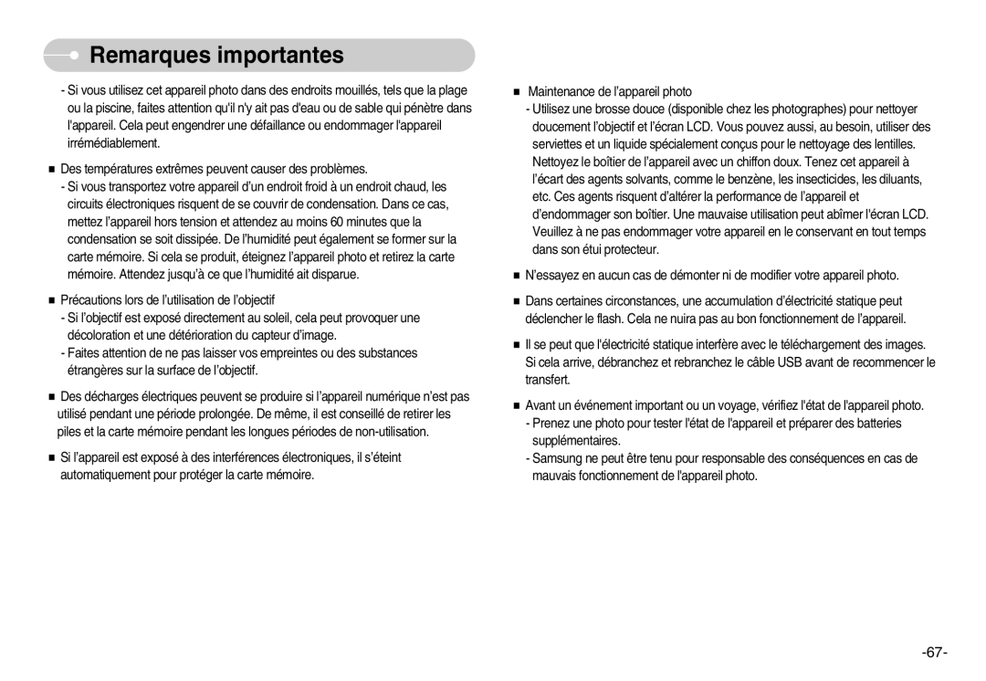 Samsung EC-L80ZZBBA/FR manual Remarques importantes 