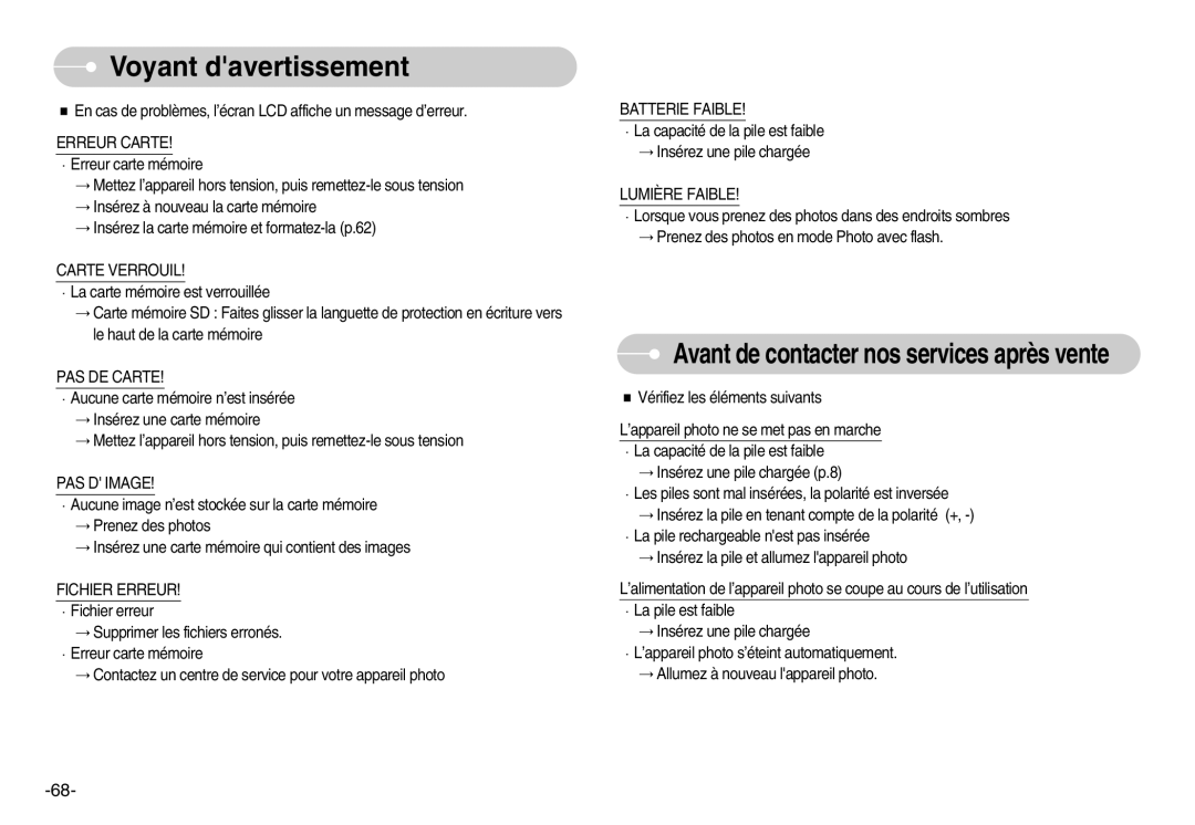 Samsung EC-L80ZZBBA/FR manual Voyant davertissement 