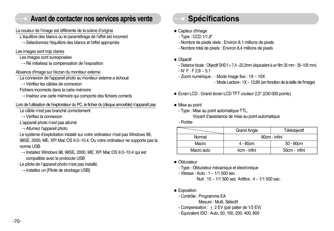 Samsung EC-L80ZZBBA/FR manual Spécifications 