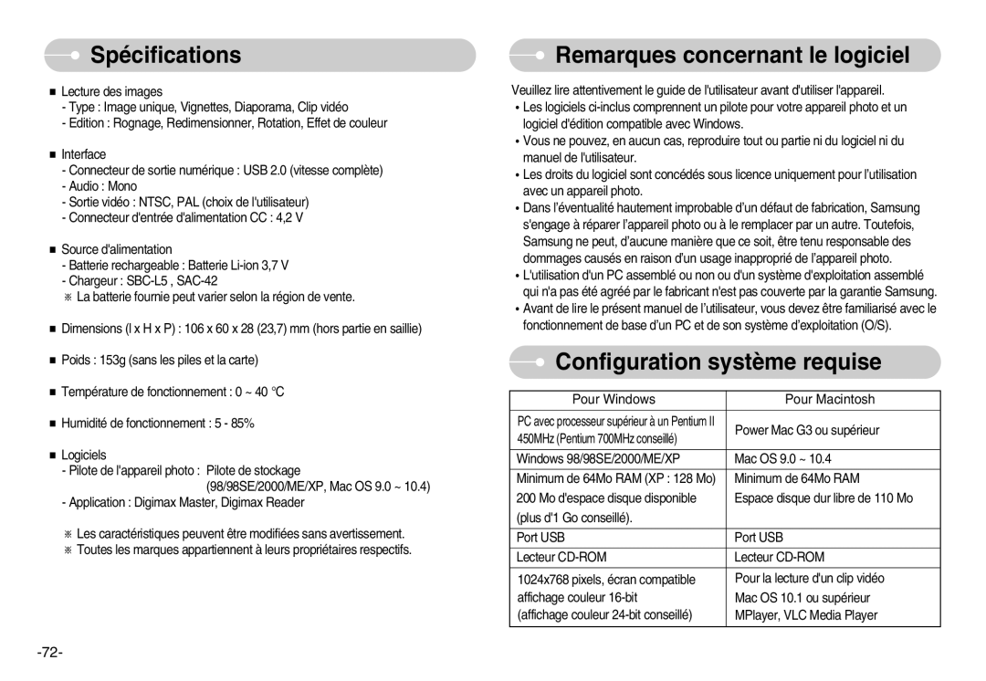 Samsung EC-L80ZZBBA/FR manual Remarques concernant le logiciel, Configuration système requise 