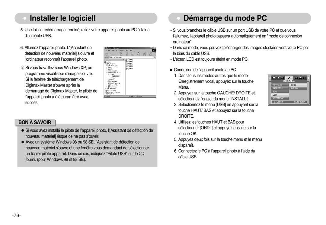 Samsung EC-L80ZZBBA/FR manual Démarrage du mode PC, Droite 