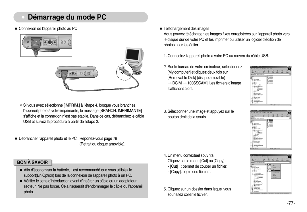 Samsung EC-L80ZZBBA/FR manual Démarrage du mode PC 