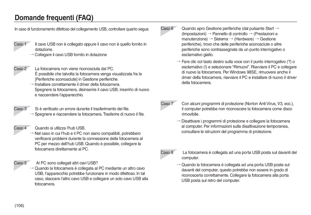 Samsung EC-L730ZSBA/IT, EC-L830ZBBA/E1, EC-L830ZRBA/E1, EC-L730ZSDA/E3, EC-L830ZBDA/E3 manual Domande frequenti FAQ, 106 