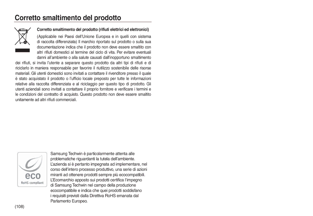 Samsung EC-L830ZRBA/IT, EC-L830ZBBA/E1, EC-L830ZRBA/E1, EC-L730ZSDA/E3, EC-L830ZBDA/E3 manual Corretto smaltimento del prodotto 