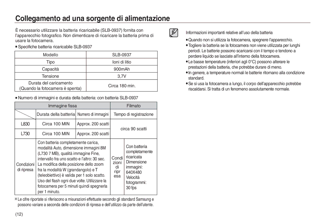 Samsung EC-L830ZRBA/IT, EC-L830ZBBA/E1, EC-L830ZRBA/E1, EC-L730ZSDA/E3 manual Collegamento ad una sorgente di alimentazione 