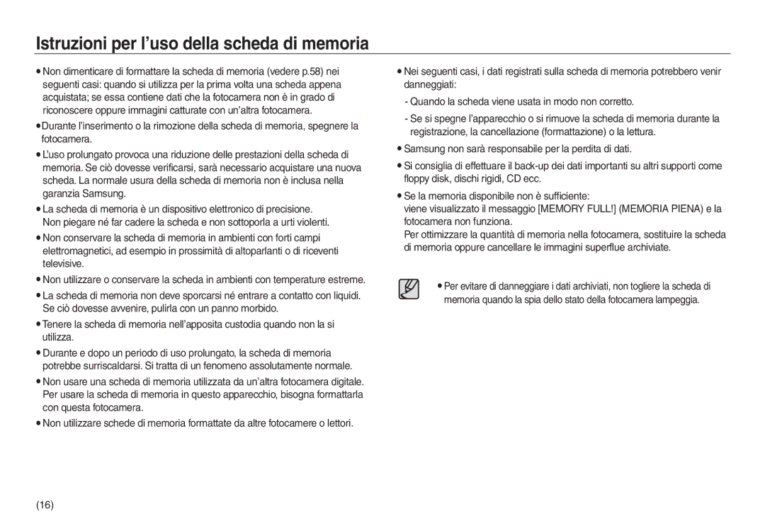 Samsung EC-L830ZRBA/E1, EC-L830ZBBA/E1, EC-L730ZSDA/E3, EC-L830ZBDA/E3 manual Istruzioni per l’uso della scheda di memoria 