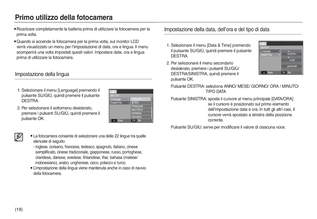 Samsung EC-L830ZBDA/E3 manual Primo utilizzo della fotocamera, Impostazione della data, dell’ora e del tipo di data, Destra 