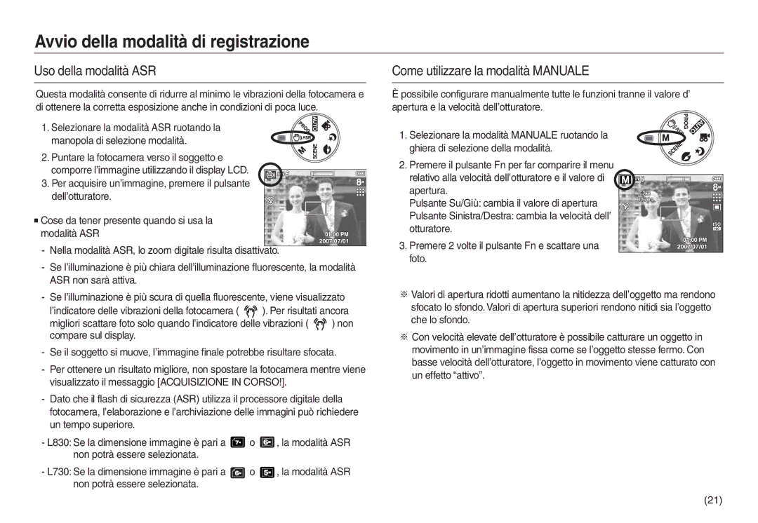 Samsung EC-L730ZRBA/E1, EC-L830ZBBA/E1, EC-L830ZRBA/E1 manual Uso della modalità ASR, Come utilizzare la modalità Manuale 