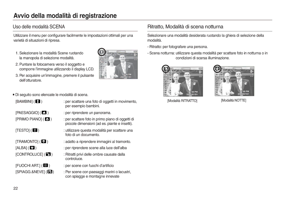 Samsung EC-L730ZBDA/E3 manual Uso delle modalità Scena, Ritratto, Modalità di scena notturna, Dell’otturatore, Tramonto 