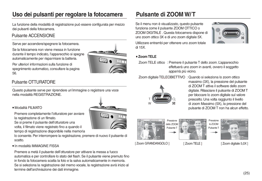 Samsung EC-L830ZBBA/IT, EC-L830ZBBA/E1 manual Pulsante di Zoom W/ T, Pulsante Accensione, Pulsante Otturatore, Zoom Tele 