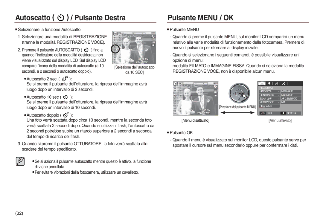 Samsung EC-L830ZRBA/E1 Autoscatto / Pulsante Destra Pulsante Menu / OK, Selezionare la funzione Autoscatto, Pulsante OK 