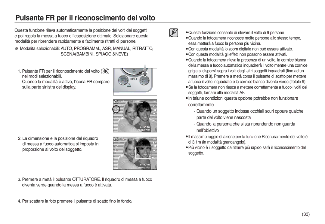 Samsung EC-L730ZSDA/E3, EC-L830ZBBA/E1, EC-L830ZRBA/E1, EC-L830ZBDA/E3 manual Pulsante FR per il riconoscimento del volto 