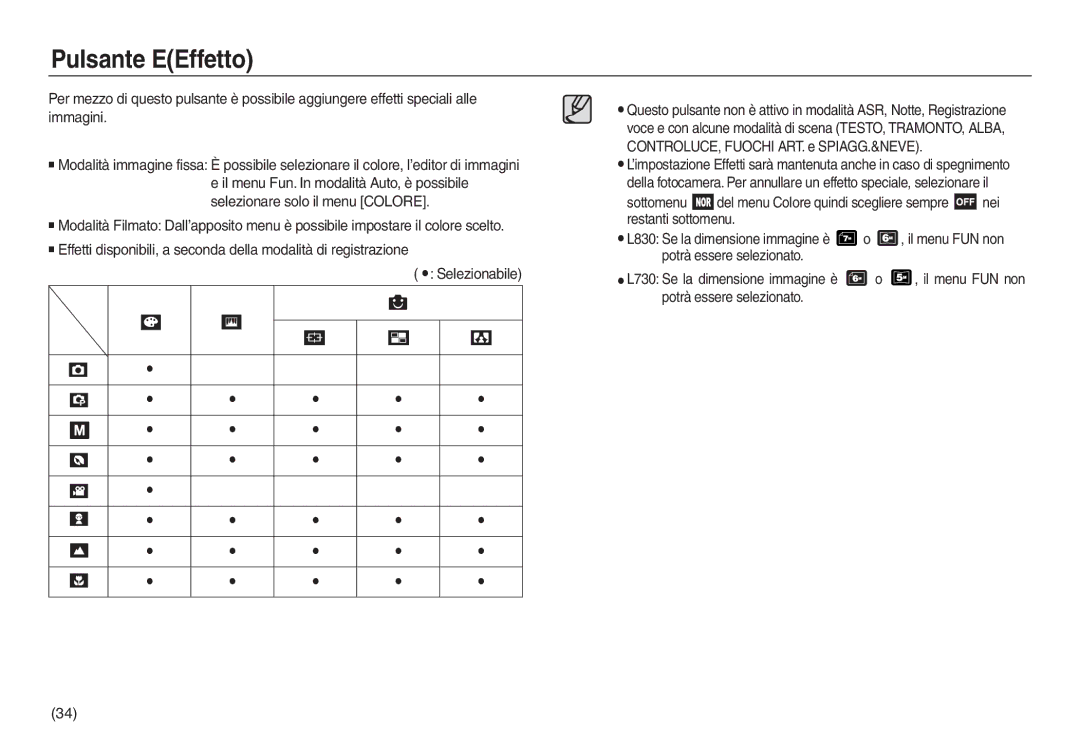 Samsung EC-L830ZBDA/E3, EC-L830ZBBA/E1, EC-L830ZRBA/E1, EC-L730ZSDA/E3, EC-L830ZSBA/E1, EC-L830ZSDA/E3 manual Pulsante EEffetto 