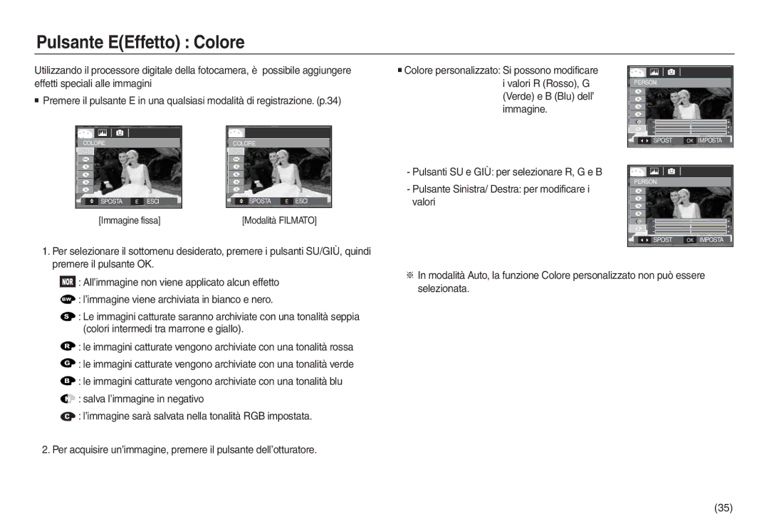 Samsung EC-L830ZSBA/E1, EC-L830ZBBA/E1, EC-L830ZRBA/E1, EC-L730ZSDA/E3, EC-L830ZBDA/E3 manual Pulsante EEffetto Colore 