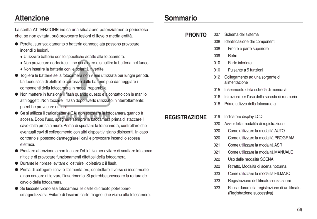 Samsung EC-L830ZSBA/E1, EC-L830ZBBA/E1, EC-L830ZRBA/E1, EC-L730ZSDA/E3, EC-L830ZBDA/E3, EC-L830ZSDA/E3 Attenzione, Sommario 