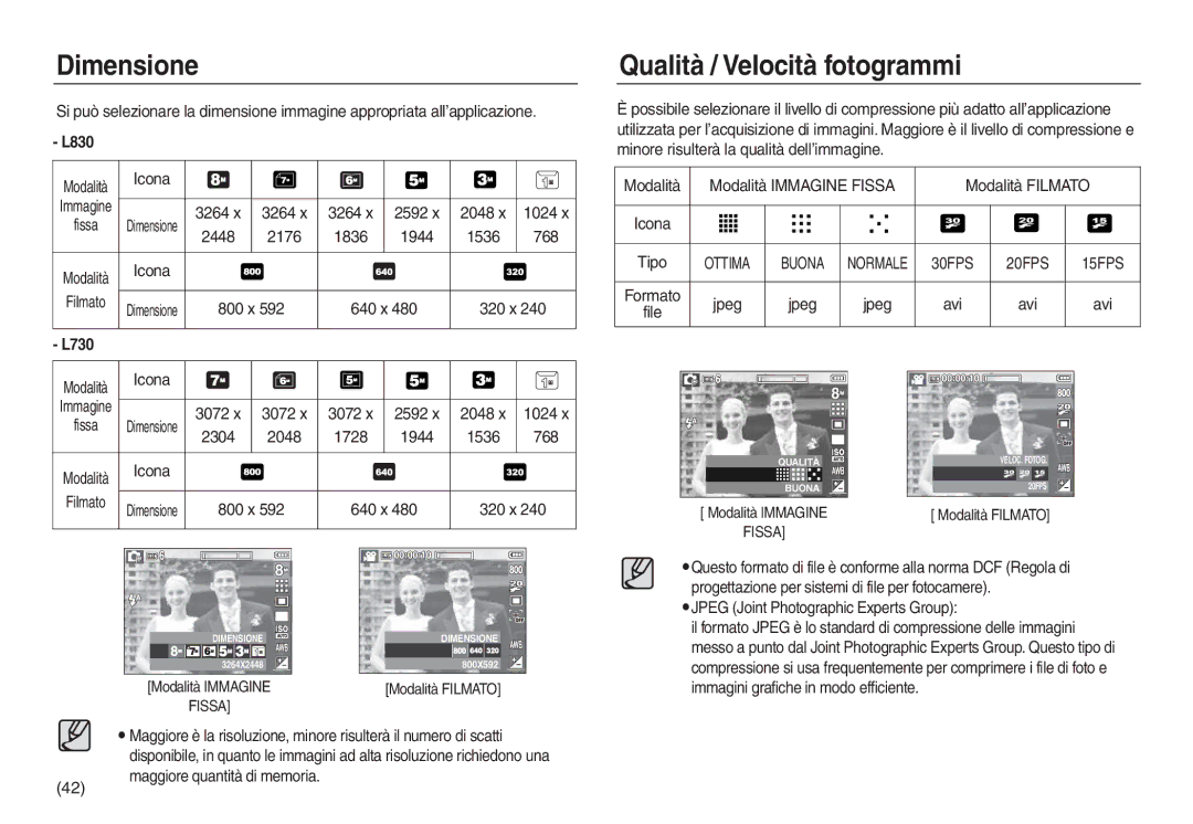 Samsung EC-L730ZSBA/IT, EC-L830ZBBA/E1, EC-L830ZRBA/E1, EC-L730ZSDA/E3 Dimensione, Qualità / Velocità fotogrammi, Fissa 