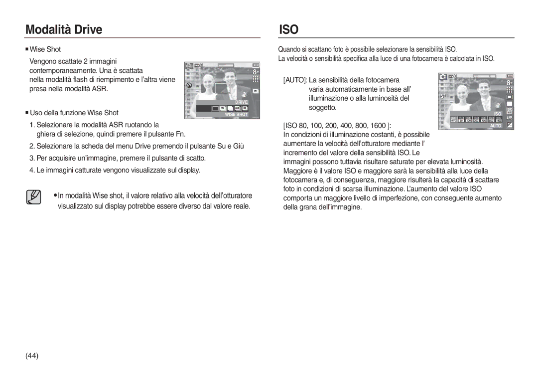 Samsung EC-L830ZRBA/IT, EC-L830ZBBA/E1, EC-L830ZRBA/E1 manual Uso della funzione Wise Shot, ISO 80, 100, 200, 400, 800 