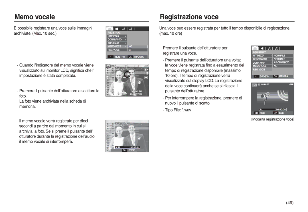 Samsung EC-L730ZSDA/E3, EC-L830ZBBA/E1, EC-L830ZRBA/E1, EC-L830ZBDA/E3, EC-L830ZSBA/E1 manual Memo vocale Registrazione voce 