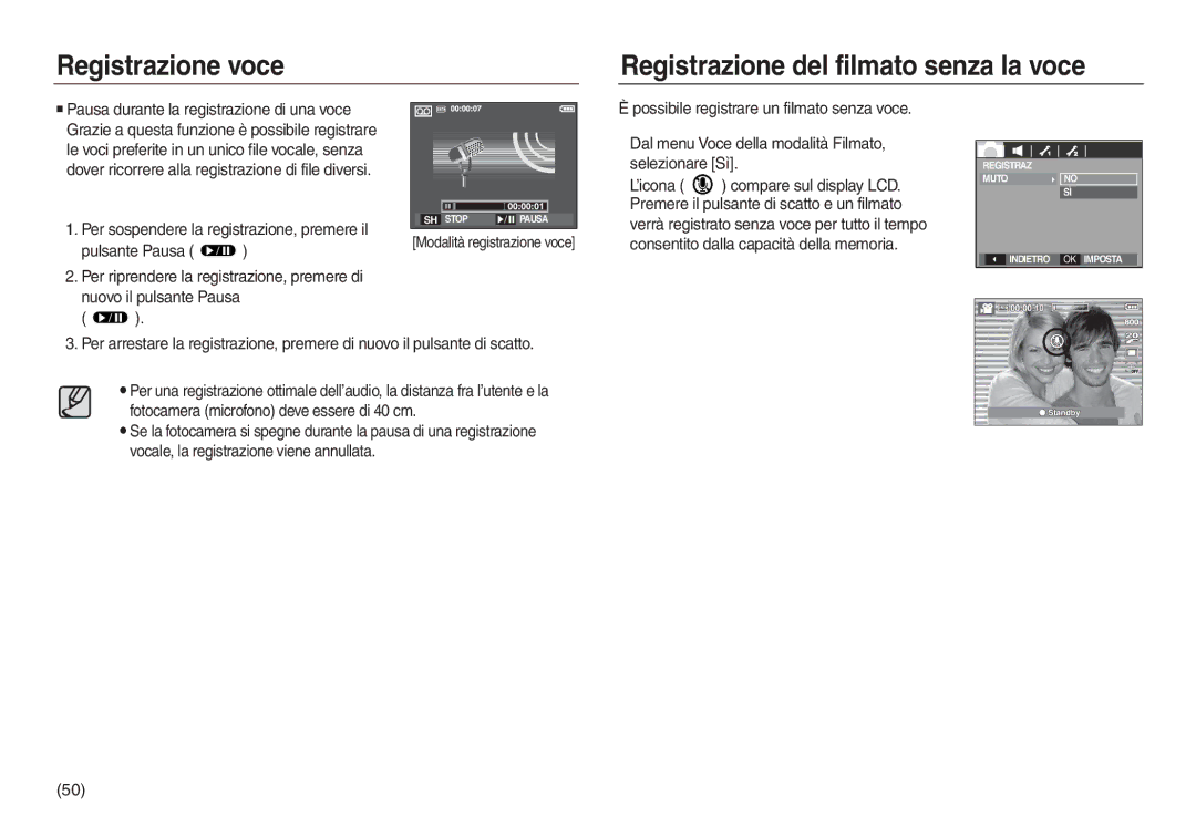 Samsung EC-L830ZBDA/E3, EC-L830ZBBA/E1, EC-L830ZRBA/E1 manual Registrazione voce Registrazione del filmato senza la voce 