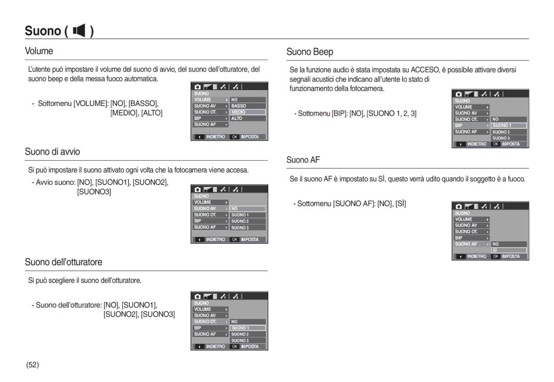 Samsung EC-L830ZSDA/E3, EC-L830ZBBA/E1, EC-L830ZRBA/E1 manual Volume, Suono Beep, Suono di avvio, Suono dell’otturatore 