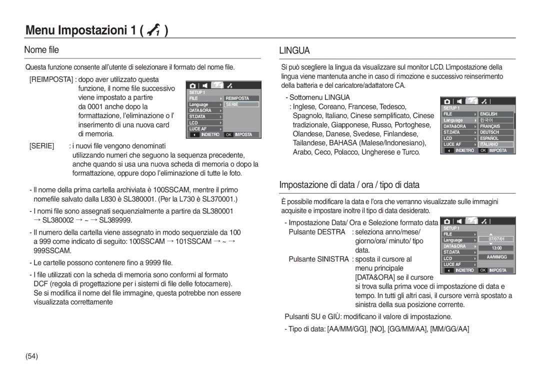 Samsung EC-L730ZBDA/E3, EC-L830ZBBA/E1 manual Menu Impostazioni, Nome file, Impostazione di data / ora / tipo di data 