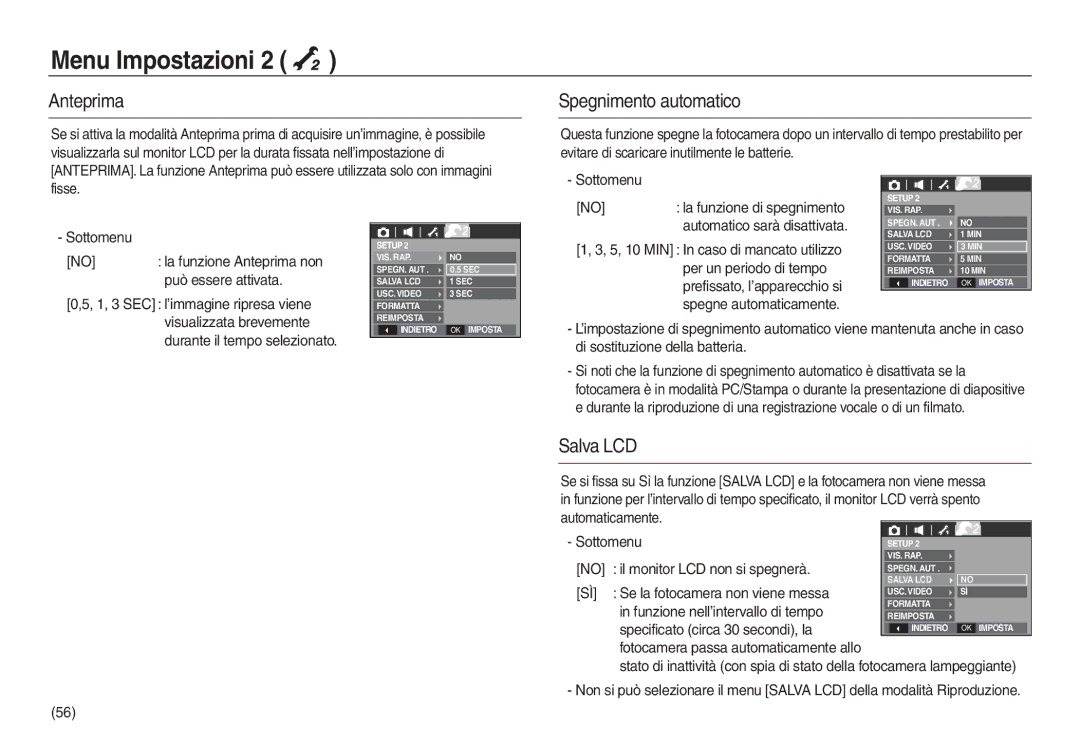 Samsung EC-L730ZSBA/E1, EC-L830ZBBA/E1, EC-L830ZRBA/E1, EC-L730ZSDA/E3 manual Anteprima, Spegnimento automatico, Salva LCD 