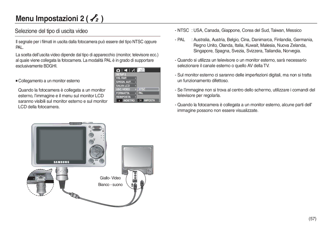 Samsung EC-L830ZBBA/IT manual Selezione del tipo di uscita video, Collegamento a un monitor esterno, LCD della fotocamera 