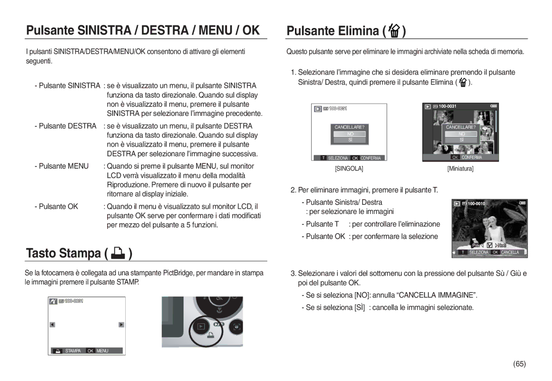 Samsung EC-L730ZSDA/E3, EC-L830ZBBA/E1 manual Pulsante Elimina, Tasto Stampa, Pulsante Destra, Ritornare al display iniziale 